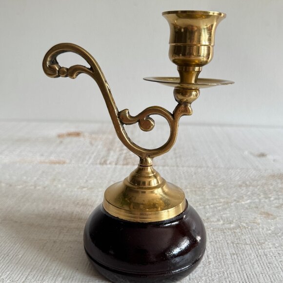 Vintage Wood Base Brass Handled Candle Stick Holder - Picture 2 of 9